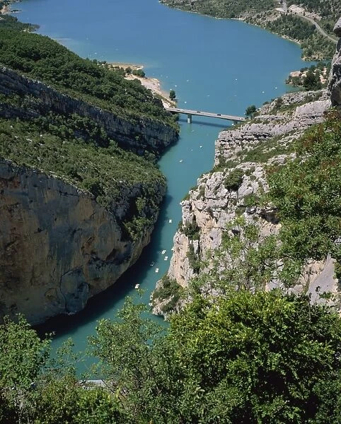 Low aerial view of the Grand Canyon du Verdon and bridge, in the Alpes de Haute Provence