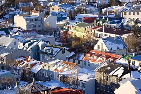 Low aerial view from Hallgrimskirka of the colourful