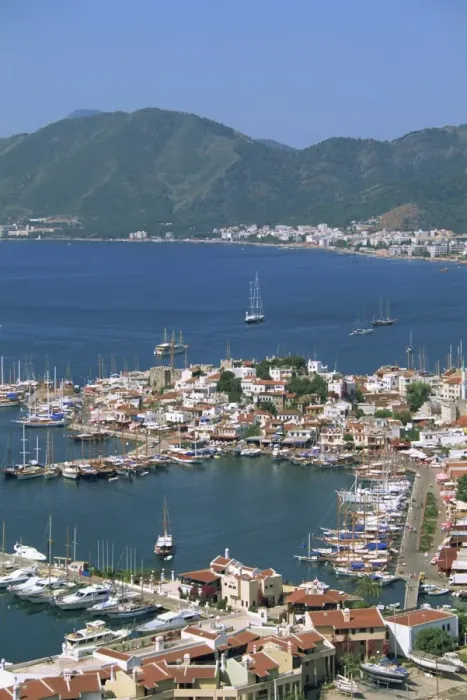 Framed Print : Low aerial view over the harbour and town of Marmaris Framed Print : Low aerial view over the harbour and town of Marmaris