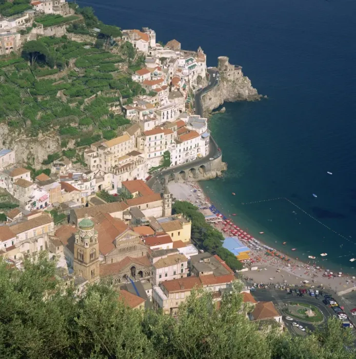 Framed Print : Low aerial view over the town and beach at Amalfi on the coast Framed Print : Low aerial view over the town and beach at Amalfi on the coast