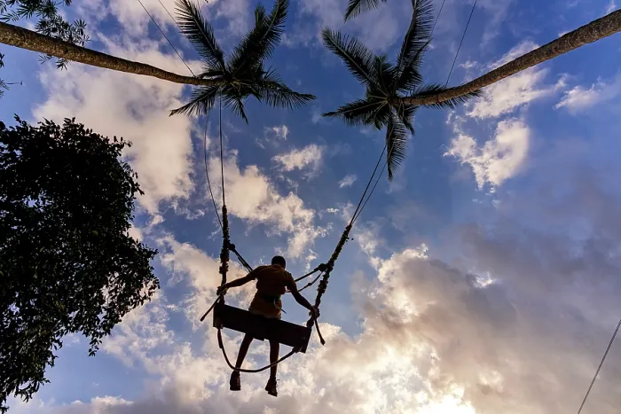 Framed Print : Low angle view of a cheerful boy having fun on a jungle swing between palm trees against clouds at sunset, Ubud, Bali, Indonesia