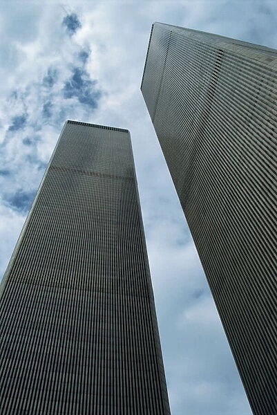 Low angle view of the exterior of the World Trade Center Twin Towers