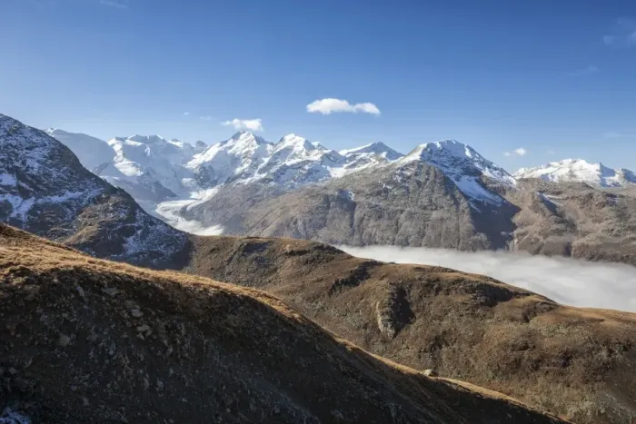 Framed Print : Low clouds toward Bernina Group, Languard Valley, Engadine, Canton of Grisons (Graubunden) Framed Print : Low clouds toward Bernina Group, Languard Valley, Engadine, Canton of Grisons (Graubunden)