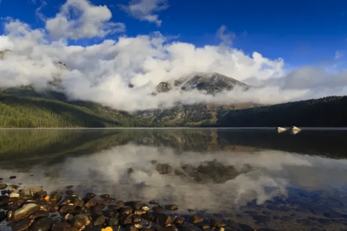 Framed Print : Low clouds and Teton Range reflected in Phelps Lake, Grand Teton National Park, Wyoming, United States of America, North America Framed Print : Low clouds and Teton Range reflected in Phelps Lake, Grand Teton National Park, Wyoming, United States of America, North America