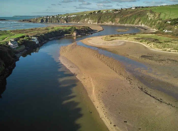 Framed Print : A low tide aerial drone view of the sandy shore and sand banks in the estuary of the River Avon, at Bantham, on the south coast of Devon, Great Britain Framed Print : A low tide aerial drone view of the sandy shore and sand banks in the estuary of the River Avon, at Bantham, on the south coast of Devon, Great Britain