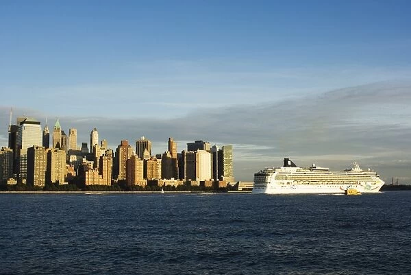 Lower Manhattan skyline and cruise ship across the Hudson River