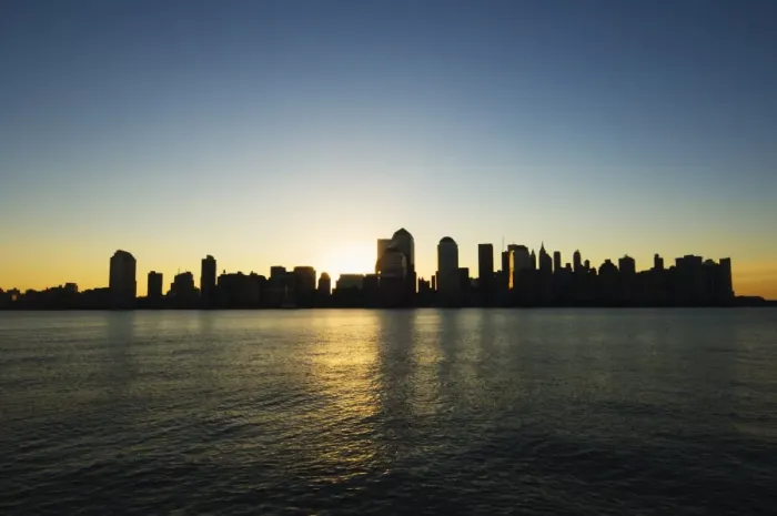 Framed Print : Lower Manhattan skyline at dawn across the Hudson River Framed Print : Lower Manhattan skyline at dawn across the Hudson River