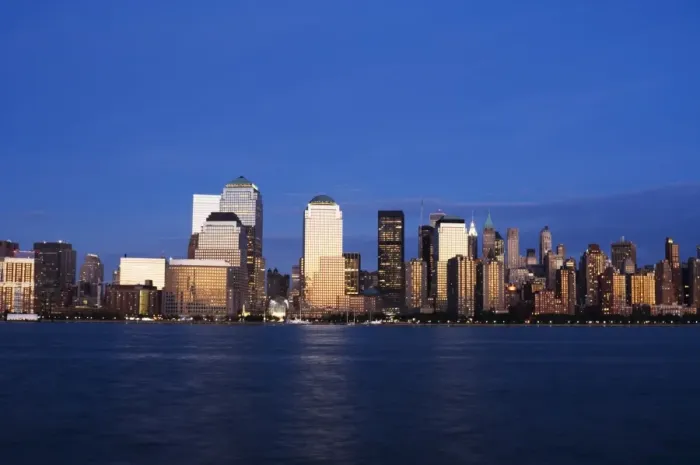 Framed Print : Lower Manhattan skyline at dusk across the Hudson River Framed Print : Lower Manhattan skyline at dusk across the Hudson River