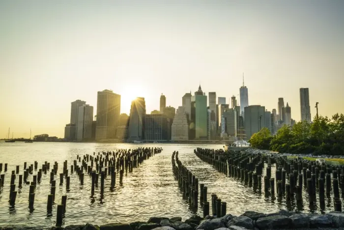 Framed Print : Lower Manhattan skyline across the East River at sunset, New York City, New York