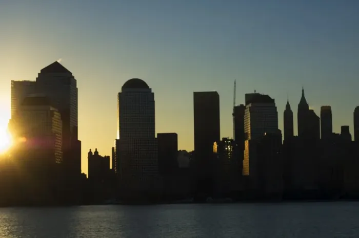 Framed Print : Lower Manhattan skyline at sunrise across the Hudson River Framed Print : Lower Manhattan skyline at sunrise across the Hudson River