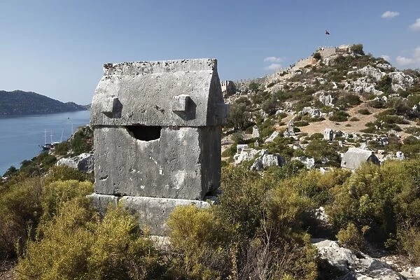 Lycian sarcophagus and castle, Simena (Kalekoy), Kekova, Lycia, Antalya, Mediterranean Coast