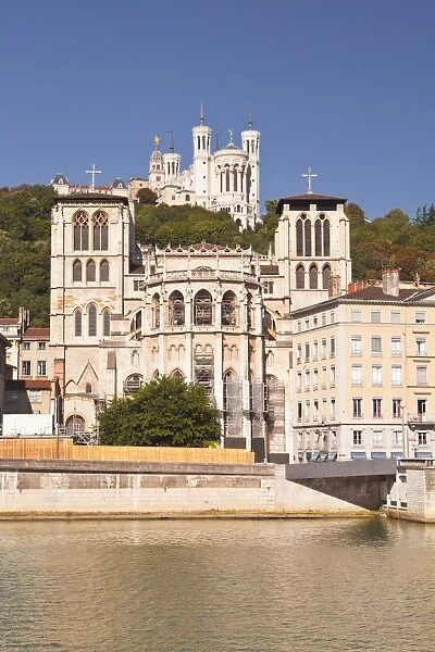 Lyon Cathedral with Notre Dame de Fourviere above, Lyon, Rhone, Rhone-Alpes, France, Europe