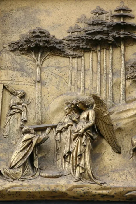Framed Print : The Maggi appearing to Abraham, Gates of Paradise, bronze doors of the Baptistry of San Framed Print : The Maggi appearing to Abraham, Gates of Paradise, bronze doors of the Baptistry of San