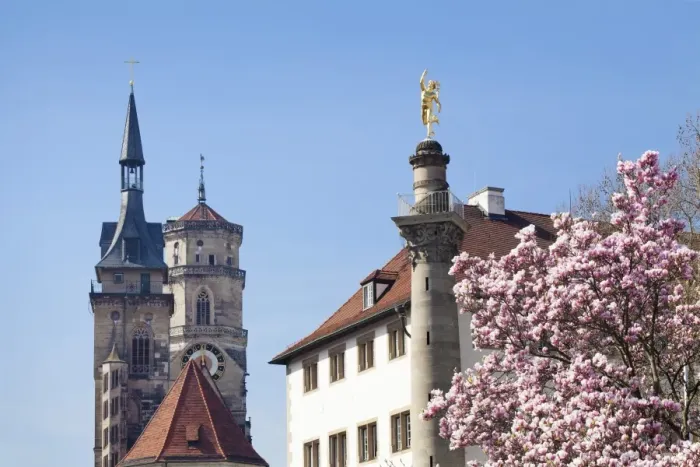 Framed Print : Magnolia tree and golden sculpture, Alte Kanzlei restaurant, with Stiftskirche church, Stuttgart, Baden Wurttemberg, Germany, Europe Framed Print : Magnolia tree and golden sculpture, Alte Kanzlei restaurant, with Stiftskirche church, Stuttgart, Baden Wurttemberg, Germany, Europe