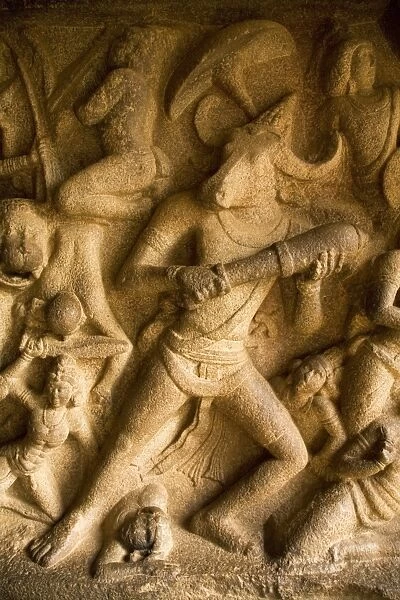 Detail from the Mahishasuramardini Cave, one of the rock-cut cave temples within the ancient site of Mahabalipuram (Mamallapuram), UNESCO World Heritage Site, Tamil Nadu