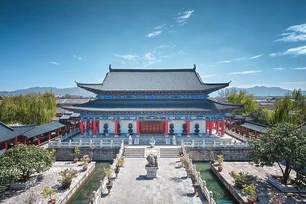 One of the main buildings at Mufu Wood Mansion complex as seen from an elevated perspective, Lijiang, Yunnan, China, Asia