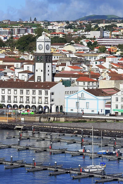 Main Church clock tower, Ponta Delgada City, Sao Miguel Island, Azores, Portugal, Atlantic, Europe