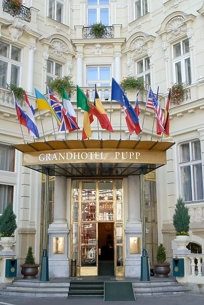 Main entrance of luxury Grandhotel Pupp in the spa town of Karlovy Vary