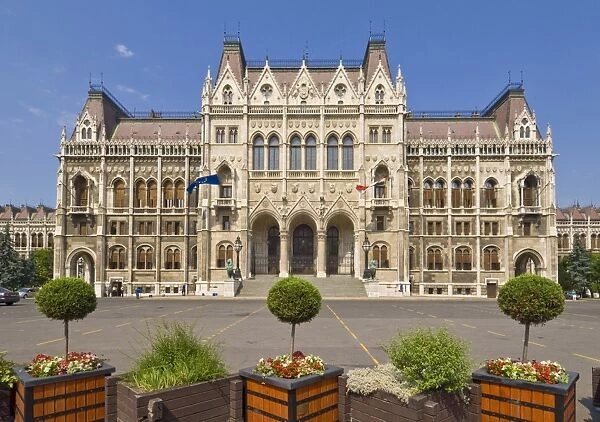 Main entrance to the neo-gothic Hungarian Parliament building, designed by Imre Steindl