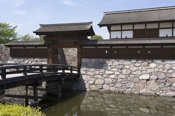 Main gate with bridge over moat at Matsushiro Castle in Nagano Prefecture, Japan