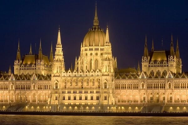 Main part of Hungarian Parliament on warm summer night, Budapest, Hungary, Europe