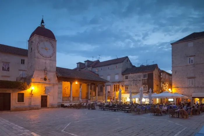 Framed Print : Main square lit up at dusk with cafes, Trogir, UNESCO World Heritage Site, Dalmatian Coast, Croatia, Europe Framed Print : Main square lit up at dusk with cafes, Trogir, UNESCO World Heritage Site, Dalmatian Coast, Croatia, Europe