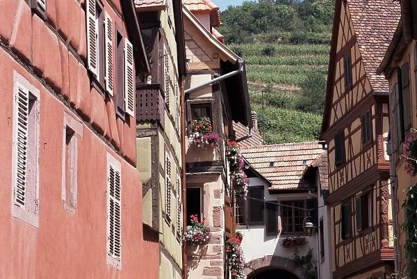 Main street with old houses, Kayserberg, Alsace, France, Europe