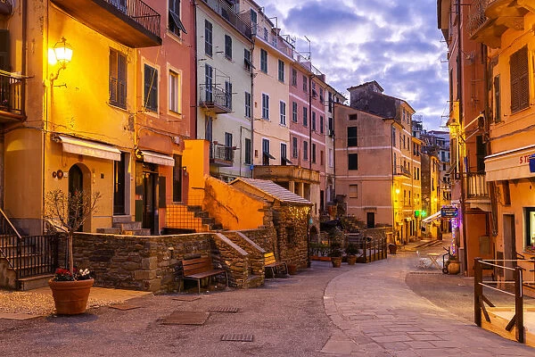 Main street of Vernazza at twilight, Cinque Terre, UNESCO World Heritage Site, Liguria