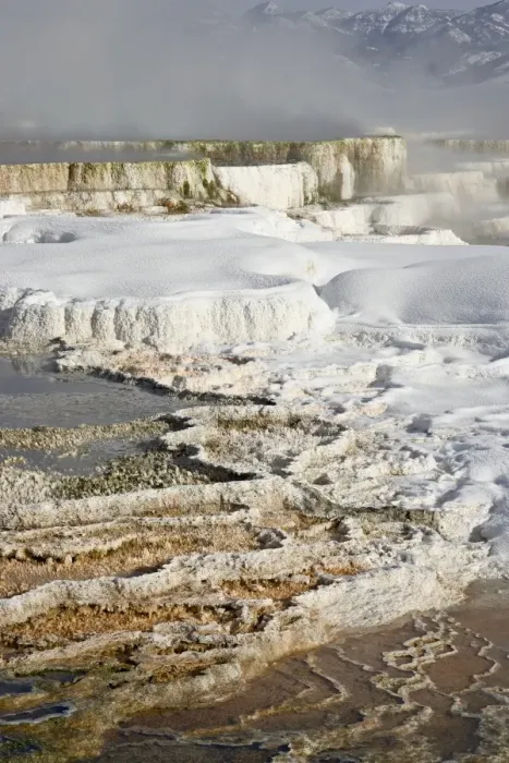 Framed Print : Main Terrace Hot Spring with snow, Mammoth Hot Springs, Yellowstone National Park Framed Print : Main Terrace Hot Spring with snow, Mammoth Hot Springs, Yellowstone National Park