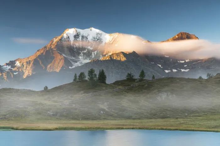 Framed Print : Majestic Fletschhorn and Galehorn peaks in autumn fog at dawn from Hopschusee lake Framed Print : Majestic Fletschhorn and Galehorn peaks in autumn fog at dawn from Hopschusee lake