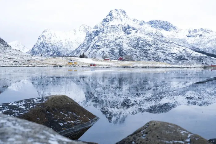 Framed Print : Majestic mountain peaks mirrored in the icy sea in winter, Flakstadpollen, Flakstadoya, Nordland, Lofoten Islands, Norway, Scandinavia, Europe Framed Print : Majestic mountain peaks mirrored in the icy sea in winter, Flakstadpollen, Flakstadoya, Nordland, Lofoten Islands, Norway, Scandinavia, Europe