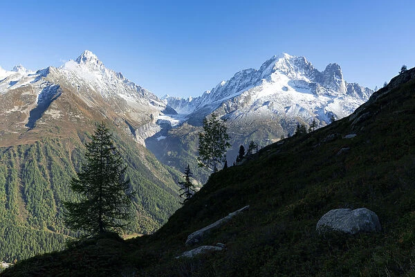 Majestic peaks Aiguille du Chardonnet, Aiguille Verte and Argentiere Glacier
