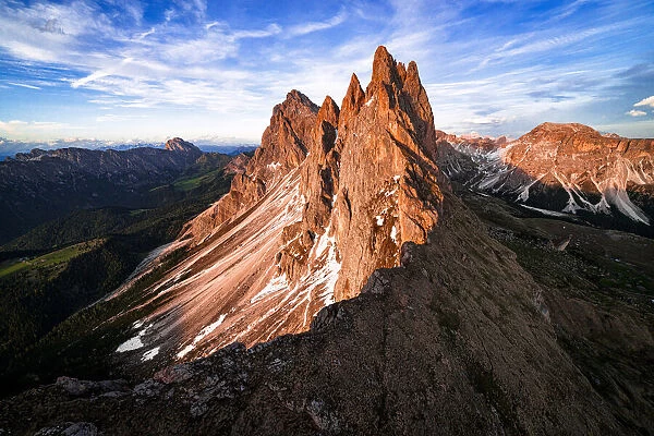 Majestic peaks of Odle group, Seceda, Furchetta and Sass Rigais at sunset, aerial view, Dolomites, South Tyrol, Italy, Europe