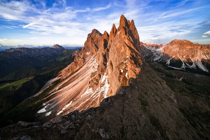 Framed Print : Majestic peaks of Odle group, Seceda, Furchetta and Sass Rigais at sunset, aerial view, Dolomites, South Tyrol, Italy, Europe Framed Print : Majestic peaks of Odle group, Seceda, Furchetta and Sass Rigais at sunset, aerial view, Dolomites, South Tyrol, Italy, Europe
