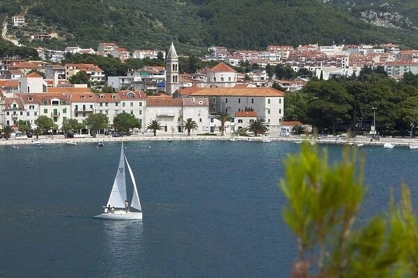 Makarska harbour with yacht, Dalmatian Coast, Croatia, Europe