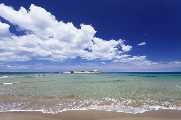 Malia Beach, chapel on an island, Malia, Iraklion, Crete, Greek Islands, Greece, Europe