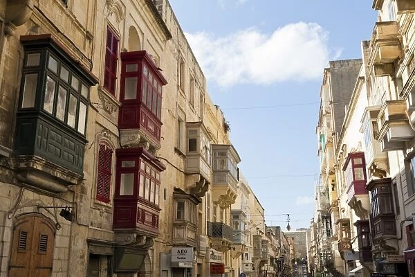 Maltese balconies in the old town, Valletta, Malta, Europe