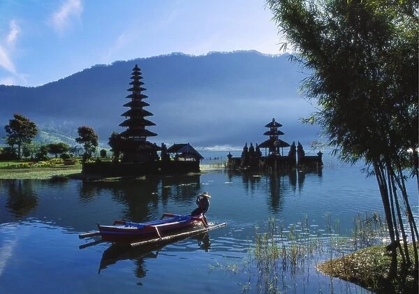 Man in Boat Rowing and Hindu Temples at Lake Bratan, Pura Ulu Danau, Bali
