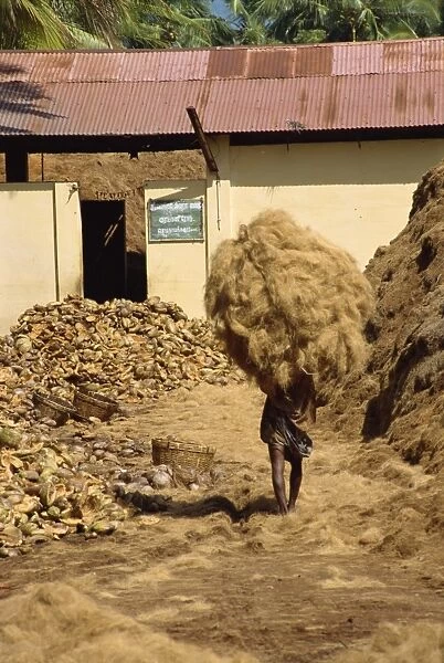 Man carrying dried copra obtained from coconut husks