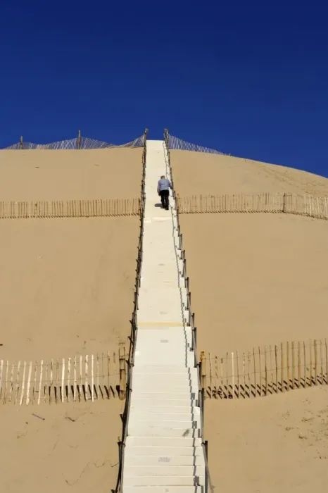 Framed Print : Man climbing steps leading up to Dunes du Pyla, Bay of Arcachon, Cote d Argent Framed Print : Man climbing steps leading up to Dunes du Pyla, Bay of Arcachon, Cote d Argent