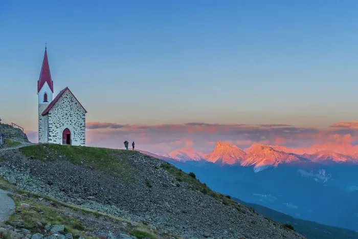 Framed Print : Man enjoys sunset over Dolomites at the pilgrimage church of Lazfons, Chiusa, Bolzano district, South Tyrol, Italy, Europe Framed Print : Man enjoys sunset over Dolomites at the pilgrimage church of Lazfons, Chiusa, Bolzano district, South Tyrol, Italy, Europe