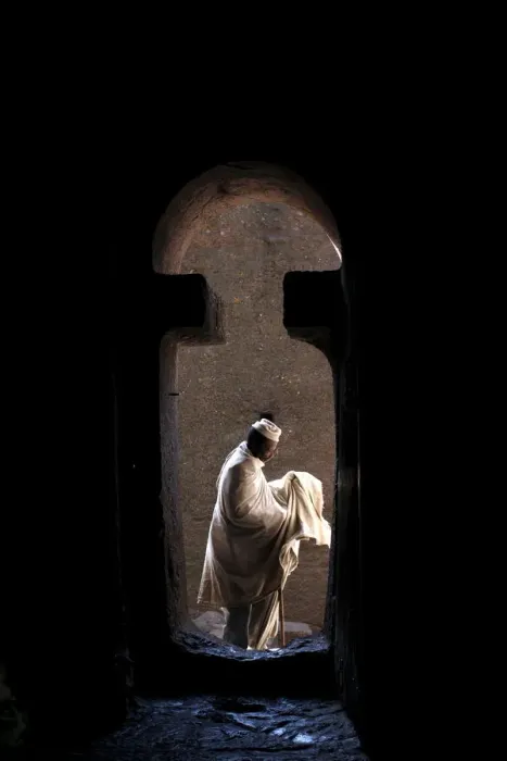 Framed Print : Man entering Bet Medhane Alem church in Lalibela, Wollo, Ethiopia, Africa Framed Print : Man entering Bet Medhane Alem church in Lalibela, Wollo, Ethiopia, Africa