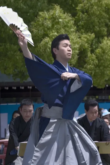 Framed Print : Man with fan performing classical Japanese dance called hobu at Meiji Jingu shrine Framed Print : Man with fan performing classical Japanese dance called hobu at Meiji Jingu shrine