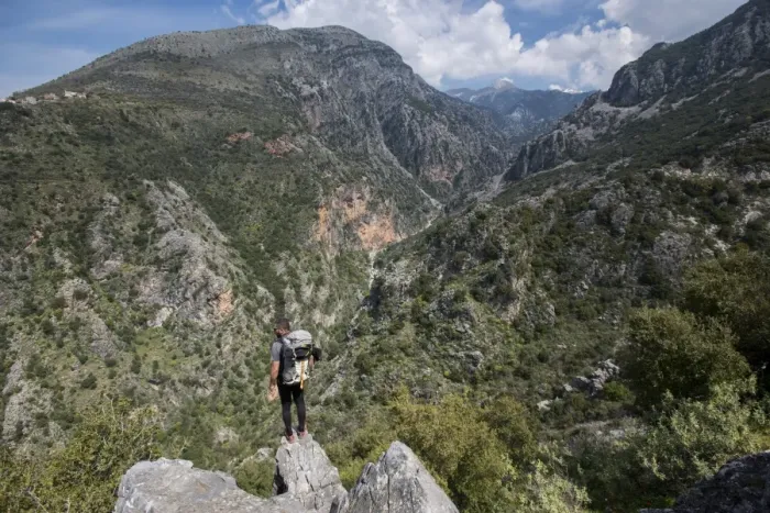 Framed Print : A man hiking in the Taygetos Mountains on the Mani Peninsula, Peloponnese, Greece, Europe