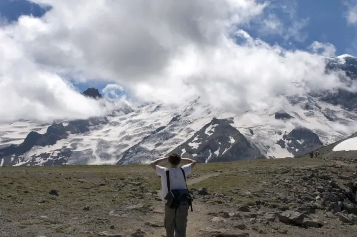 Framed Print : Man looking at Mount Rainier from trail, Mount Rainier National Park, Washington State