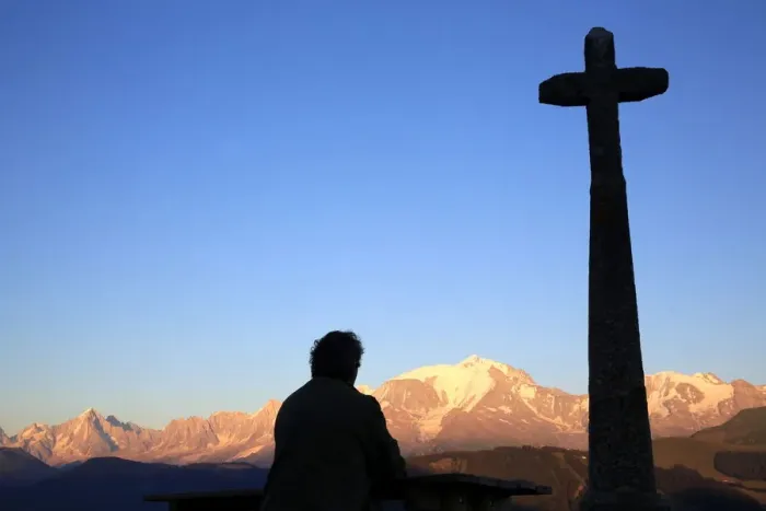 Framed Print : Man praying in front of Mont Blanc, Megeve, Haute-Savoie, France, Europe Framed Print : Man praying in front of Mont Blanc, Megeve, Haute-Savoie, France, Europe