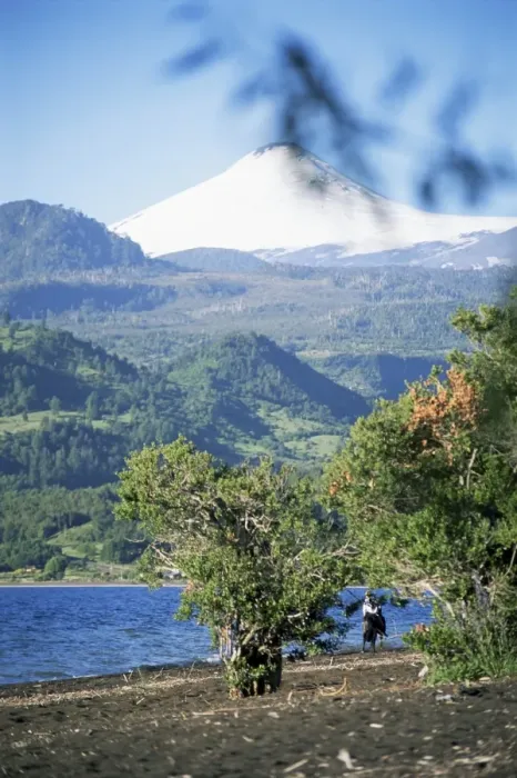 Framed Print : Man riding horse along beach with Villarica volcano in the background, Villarica Lake Framed Print : Man riding horse along beach with Villarica volcano in the background, Villarica Lake