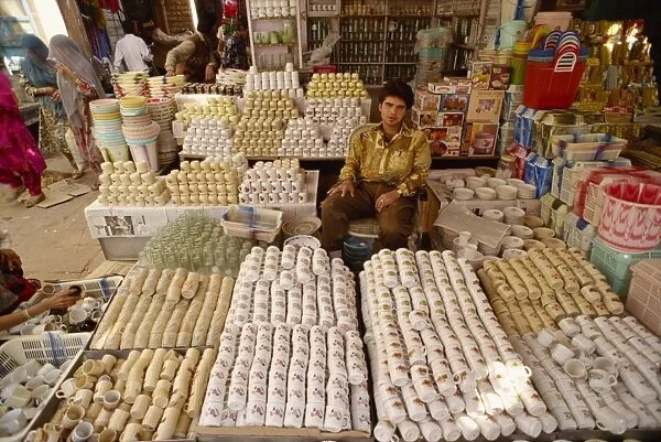 Man selling china cups, Jodhpur, Rajasthan state, India, Asia