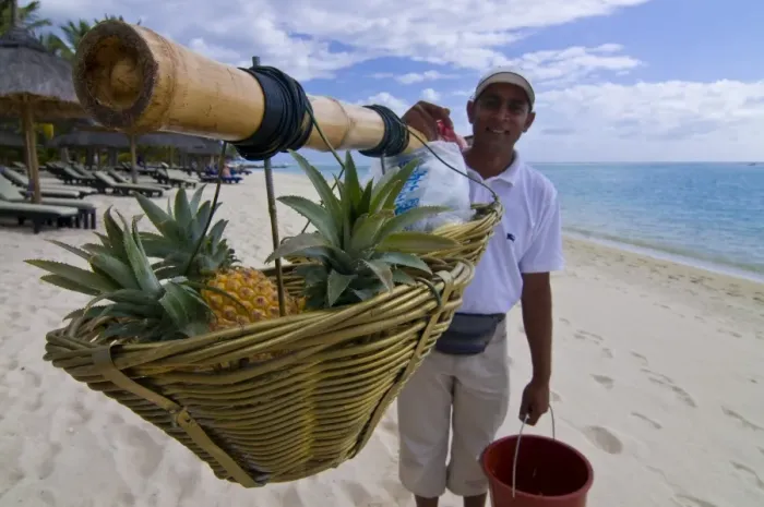 Framed Print : Man selling pineapples on the beach of the Beachcomber Le Paradis five star hotel Framed Print : Man selling pineapples on the beach of the Beachcomber Le Paradis five star hotel