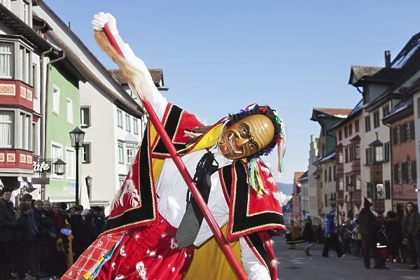 Man in traditional costume (Federahannes), Narrensprung, traditional carnival, Rottweiler Fasnet, Rottweil, Black Forest, Baden Wurttemberg, Germany, Europe